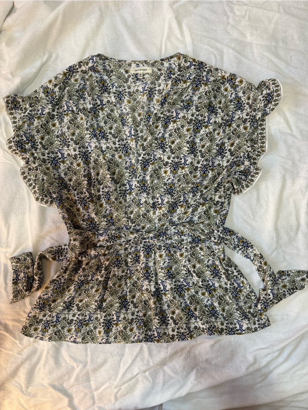 Max Studio Floral Tie-Waist One-Piece in Blue and Olive - Picture 1 of 5